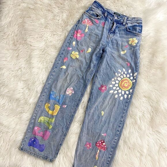 High Rise Dad Jeans Painted Denim Jeans 🍄 🌸 - Picture 1 of 7